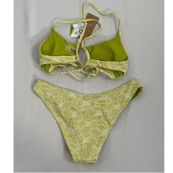 Berlook Light Green Floral Jacquard Cut Out Bikini Top and bottoms NWT L - Picture 5 of 5